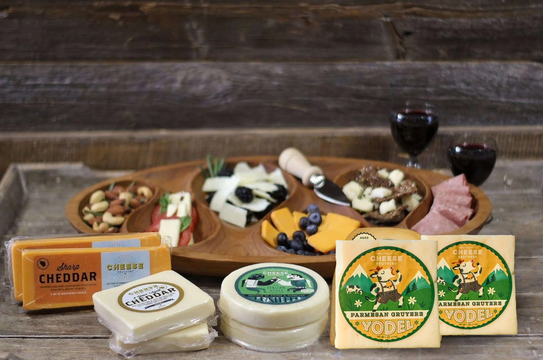 Sharp and Flavorful Cheese Box from Cheese Brothers, eight blocks of Wisconsin cheese