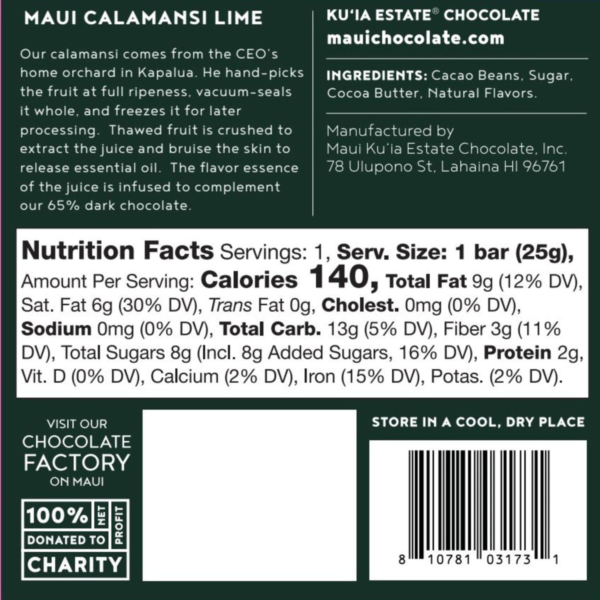 Calamansi Lime Dark Chocolate Bar, Confection from Maui Kuʻia Estate Chocolate