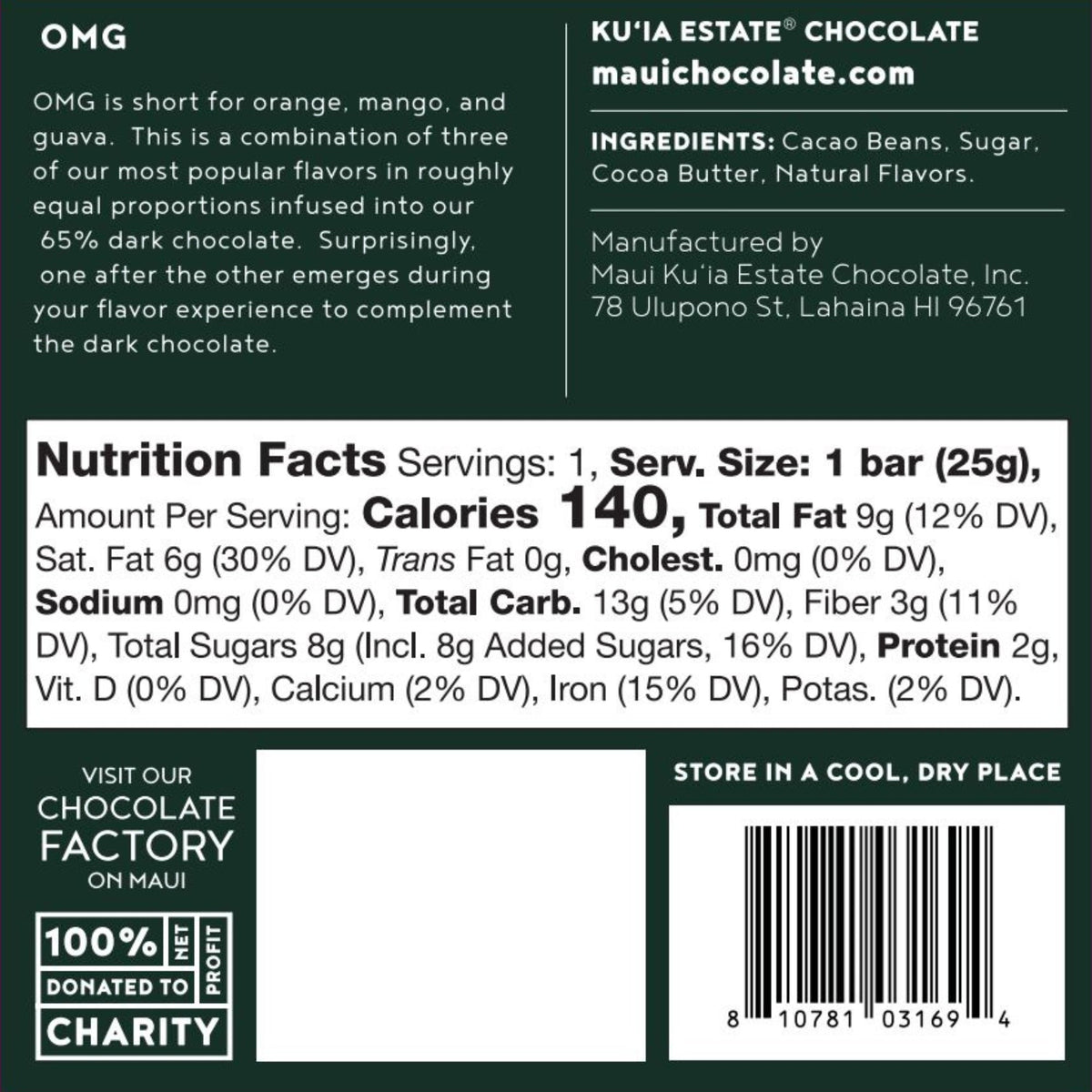 Orange Mango Guava Dark Chocolate Bar, Confection from Maui Kuʻia Estate Chocolate