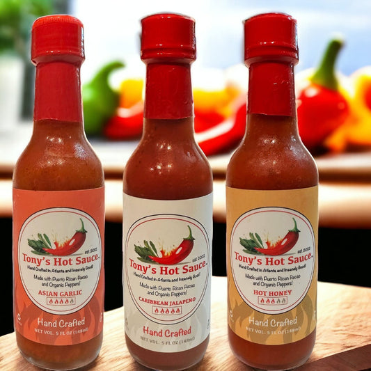 Tony's  Handcrafted Hot Sauce 5oz 3 Bottle Combo Set  "Asian Garlic, Caribbean Jalapeno & Hot Honey", Hot Sauce from Tony's Hot Sauce Company