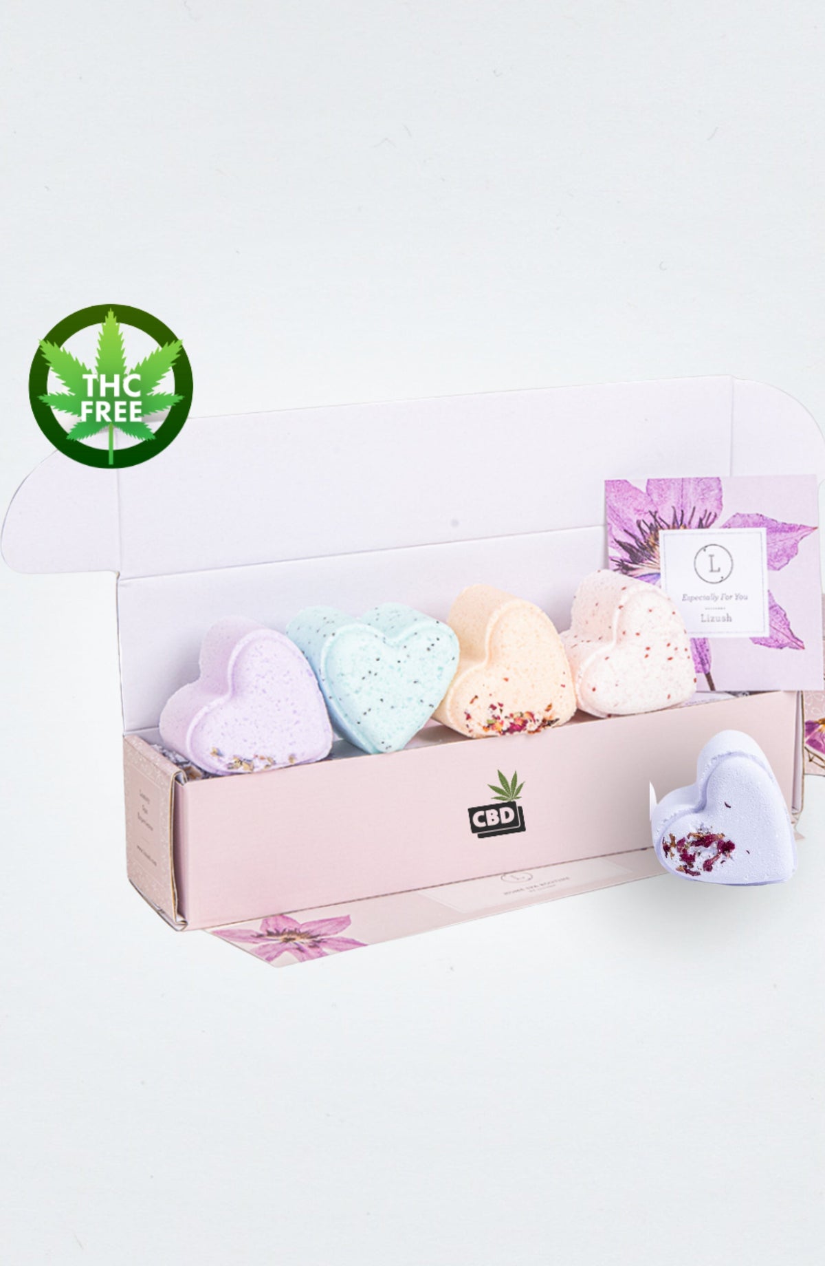 Valentine's Bath Bombs with CBD - 5 Hearts Shaped with CBD - in a Gift Box (THC free), Gift Box from Lizush
