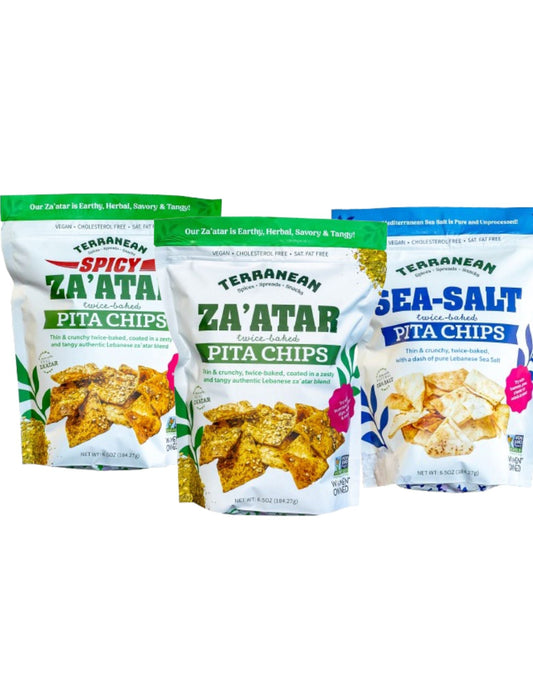 12 Pack Pita Chip Variety (4 Za'atar Pita Chips, 4 Spicy Za'atar Pita Chips, 4 Sea Salt Pita Chips) from Terranean Spices, Spreads & Snacks