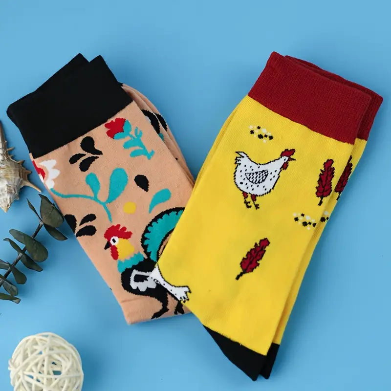 Cartoon Chicken Pattern Crew Socks, Breathable Comfy Casual Street Style Socks-2 pack from Dahlia Pets