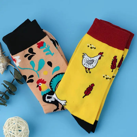 Cartoon Chicken Pattern Crew Socks, Breathable Comfy Casual Street Style Socks-2 pack from Dahlia Pets