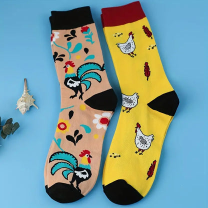 Cartoon Chicken Pattern Crew Socks, Breathable Comfy Casual Street Style Socks-2 pack from Dahlia Pets