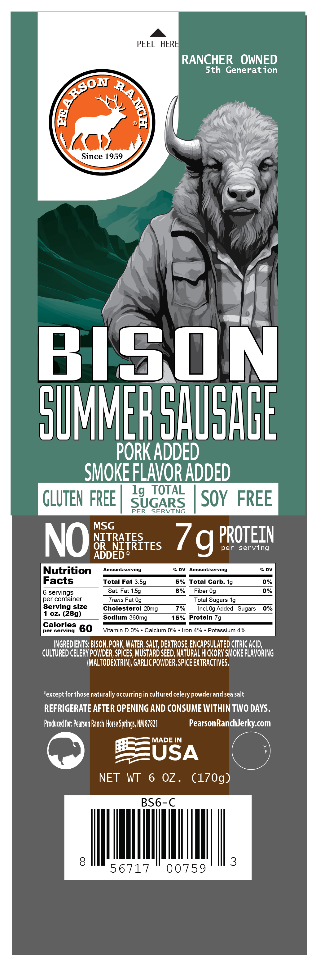 Bison Hickory Smoked Summer Sausage (6 oz.), Meat from Pearson Ranch Jerky