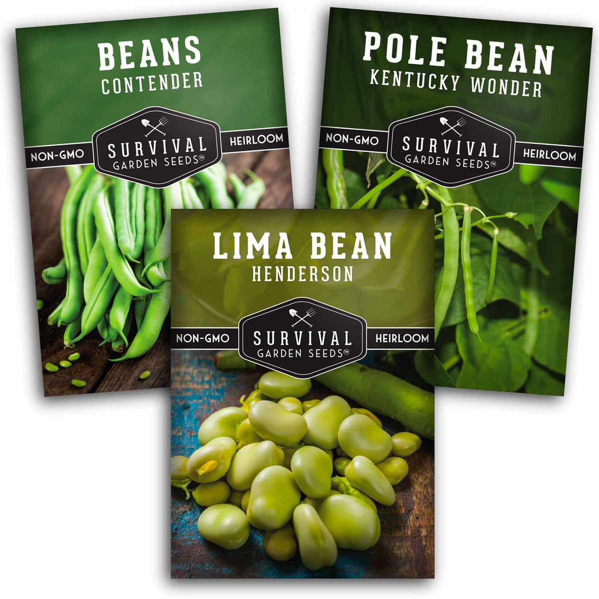 Bean Seed Collection – Contender Bush Beans, Kentucky Wonder Pole Beans & Henderson Lima Beans by SurvivalGardenSeeds