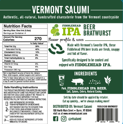 Fiddlehead IPA Bratwurst (8 Pack)
