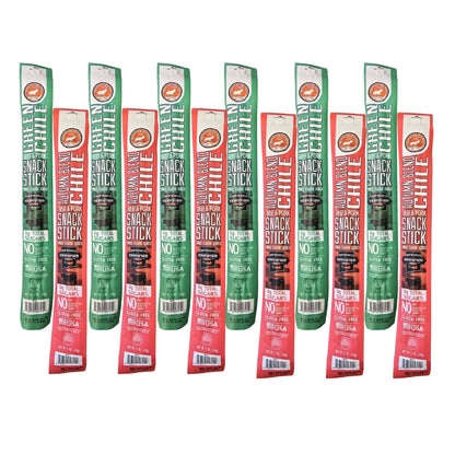 Green Chile and Autumn Blend Chile Beef & Pork Snack Sticks (12 pack), Meat from Pearson Ranch Jerky