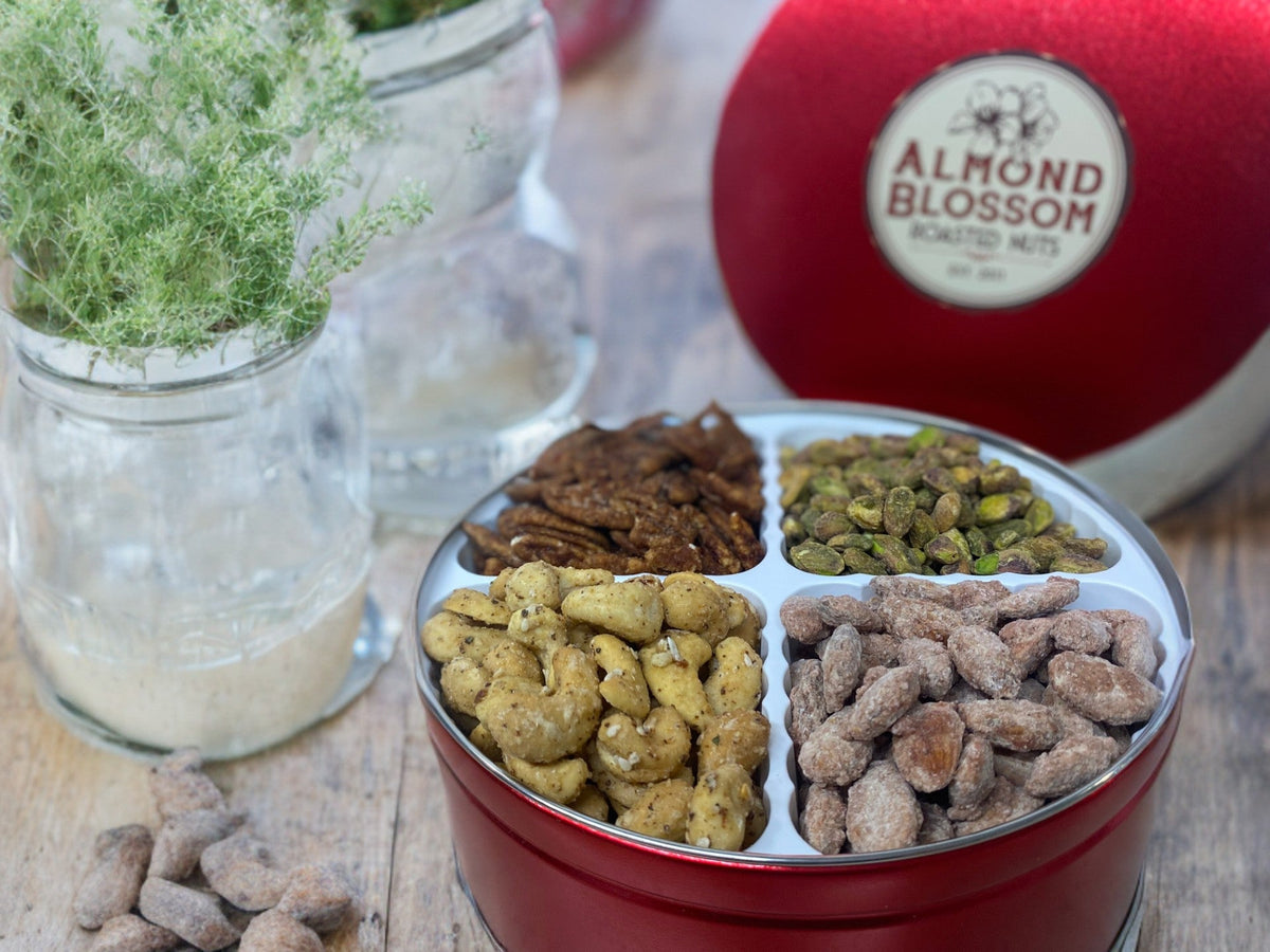 NUT TIN - Sweet, Salty, Spicy & Savory Mix by Almond Blossom Roasted Nuts & Watkins Farm Foods