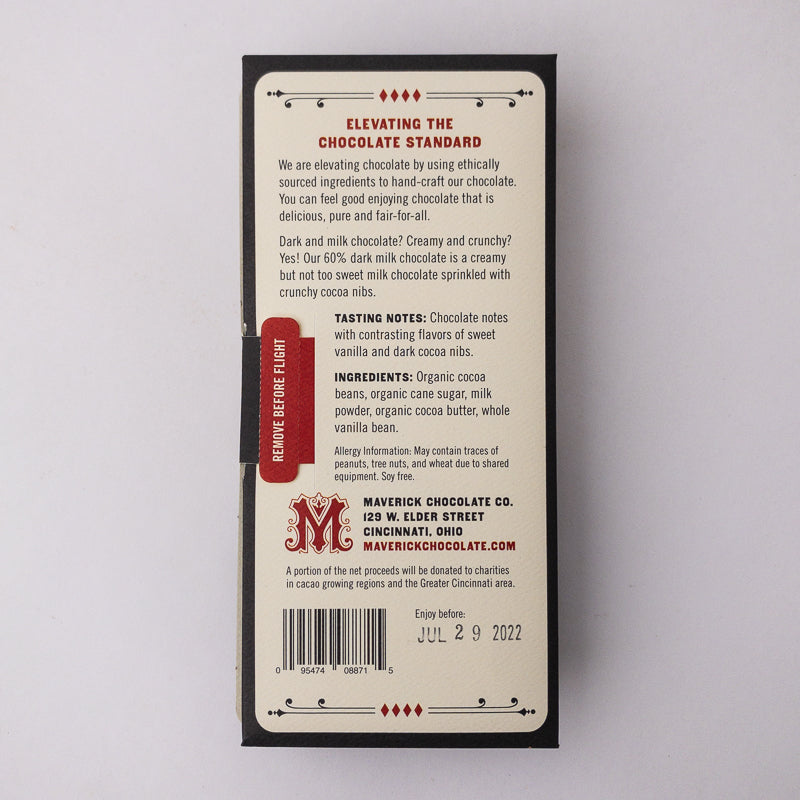 60% Dark Milk Chocolate with Cocoa Nibs, Confection from MaverickChocolate