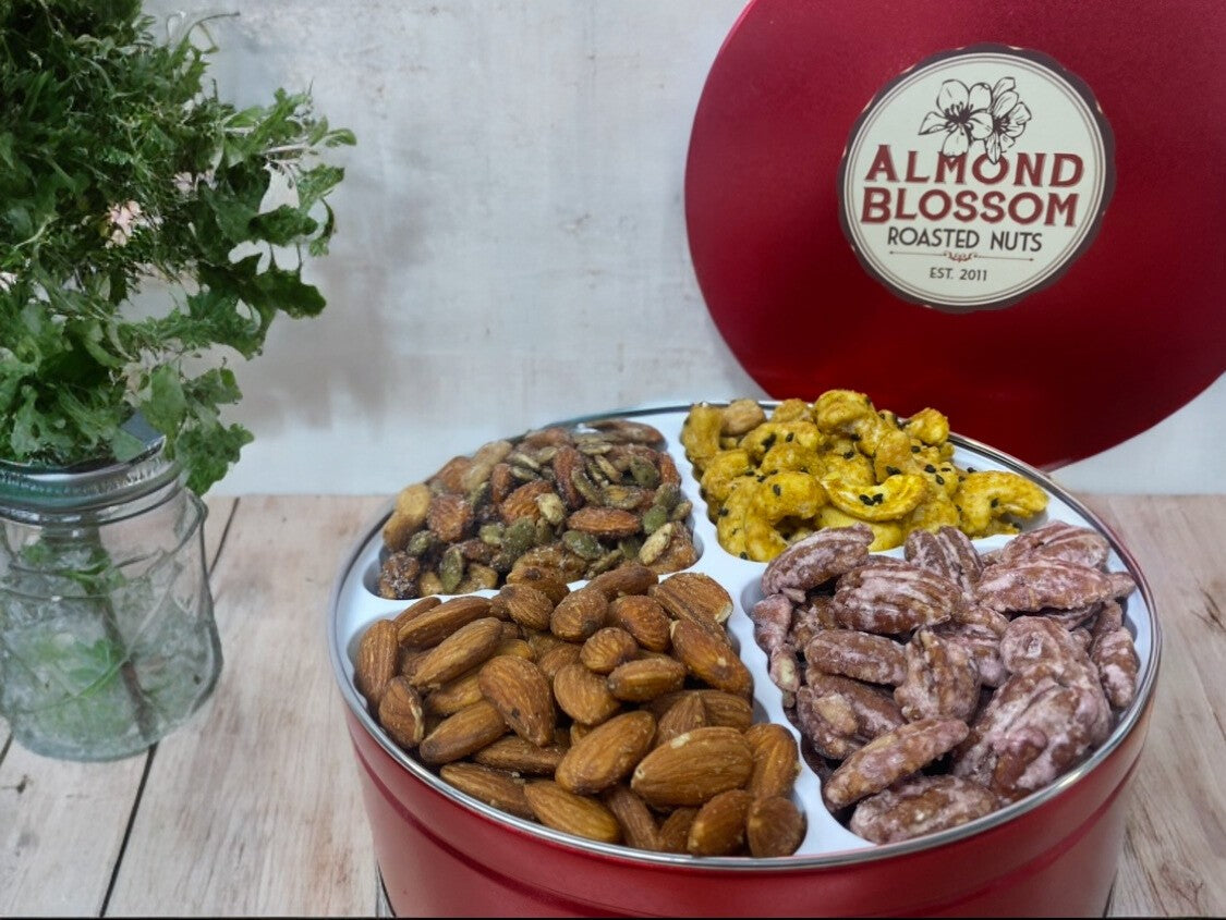 NUT TIN - Sweet, Spicy & Savory Mix by Almond Blossom Roasted Nuts & Watkins Farm Foods
