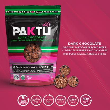 NEW Dark Chocolate Alegria Bites w/ Blueberries + Cacao Nibs