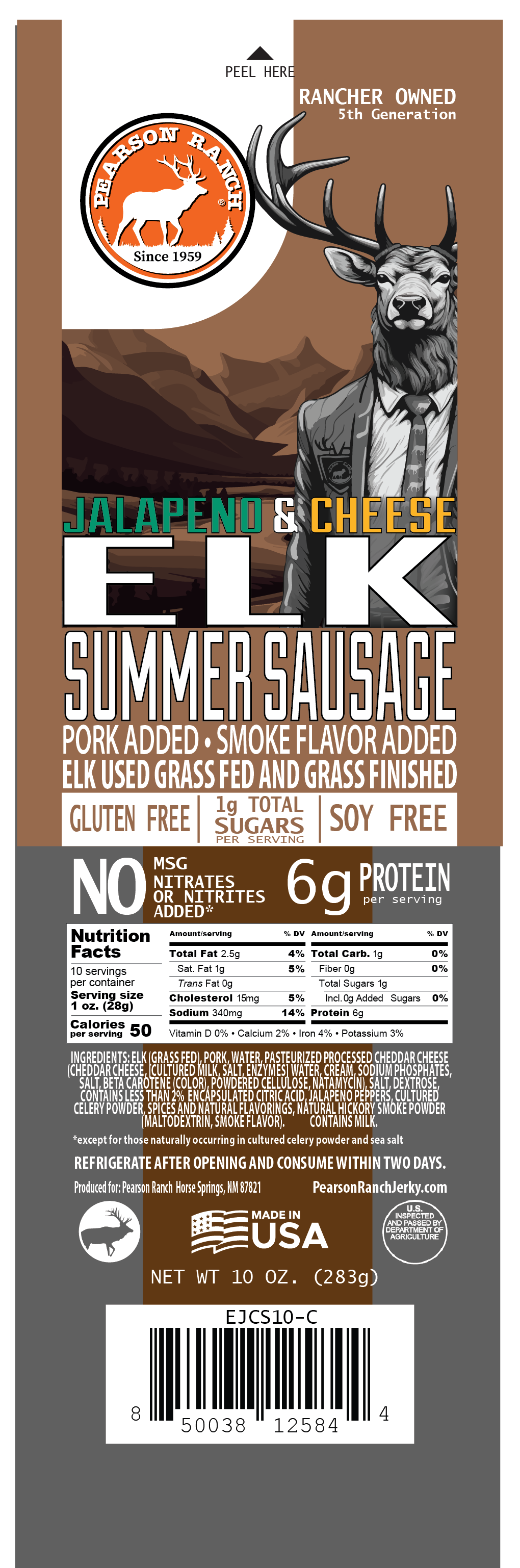 Elk Jalapeno Cheese Summer Sausage (10 oz.), Meat from Pearson Ranch Jerky