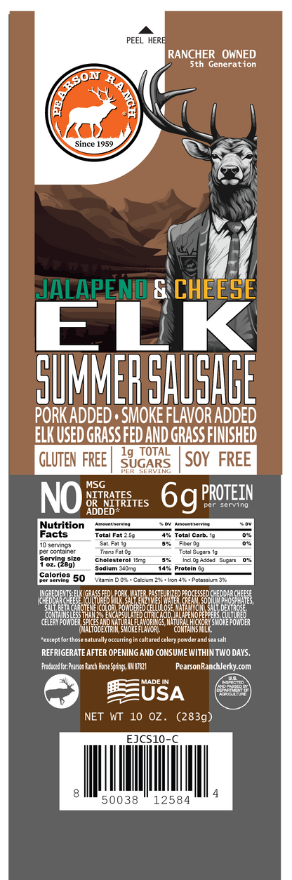 Elk Jalapeno Cheese Summer Sausage (10 oz.), Meat from Pearson Ranch Jerky