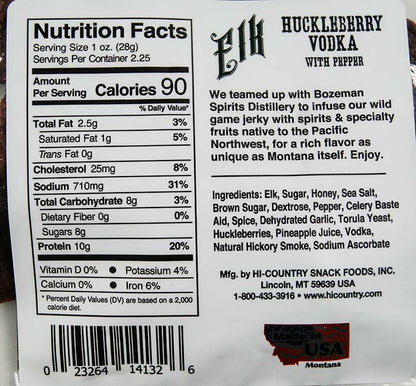 2.25 oz. Elk Huckleberry Vodka with Pepper Jerky, Elk Jerky from Hi-Country Snack Foods Inc.