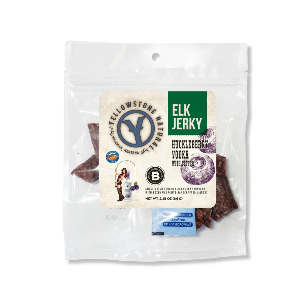 2.25 oz. Elk Huckleberry Vodka with Pepper Jerky, Elk Jerky from Hi-Country Snack Foods Inc.