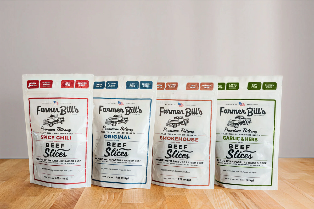 4-Pack Sampler Beef Biltong 16oz, *STOCK ITEM from Farmer Bill's Provisions