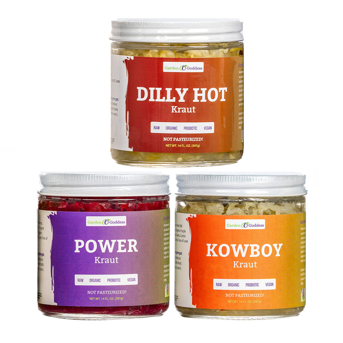 Sauerkraut Trio: Fresh Organic, Fermented 3 Krauts, Mix & Match Jars by Garden Goddess