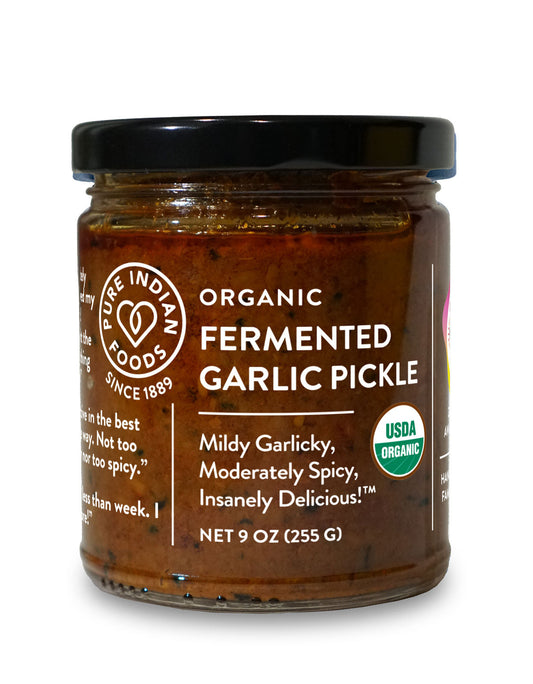 Fermented Garlic Pickle, Certified Organic - 9 oz, Pickled Fruits & Vegetables from Pure Indian Foods