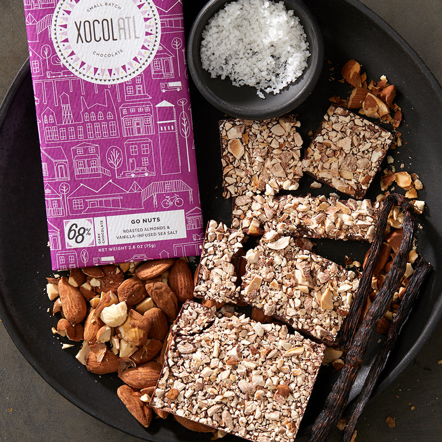 Go Nuts! Dark Chocolate Almond & Sea Salt Bar, Confection from Xocolatl Small Batch Chocolate