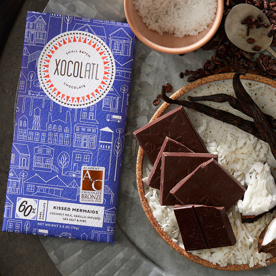Kissed Mermaids Dark Chocolate Coconut Bar, Confection from Xocolatl Small Batch Chocolate