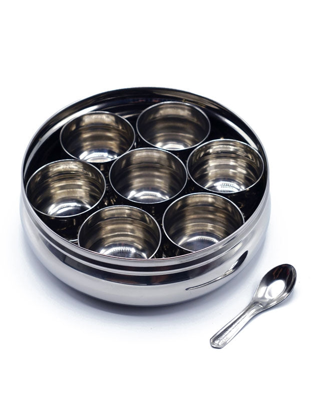 Indian Spice Tray (Spice Box or Spice Rack - also known as Masala Dani or Masala Dabba), Stainless Steel, Spice Organizers