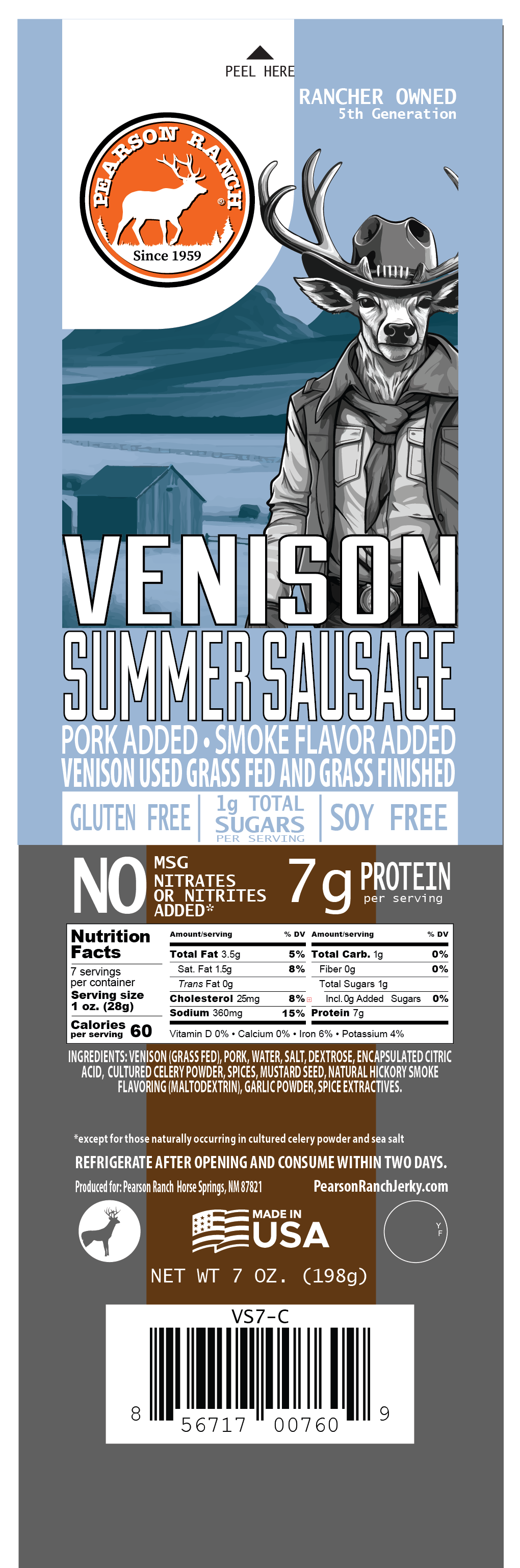 Venison Hickory Smoked Summer Sausage (7 oz.), Meat from Pearson Ranch Jerky