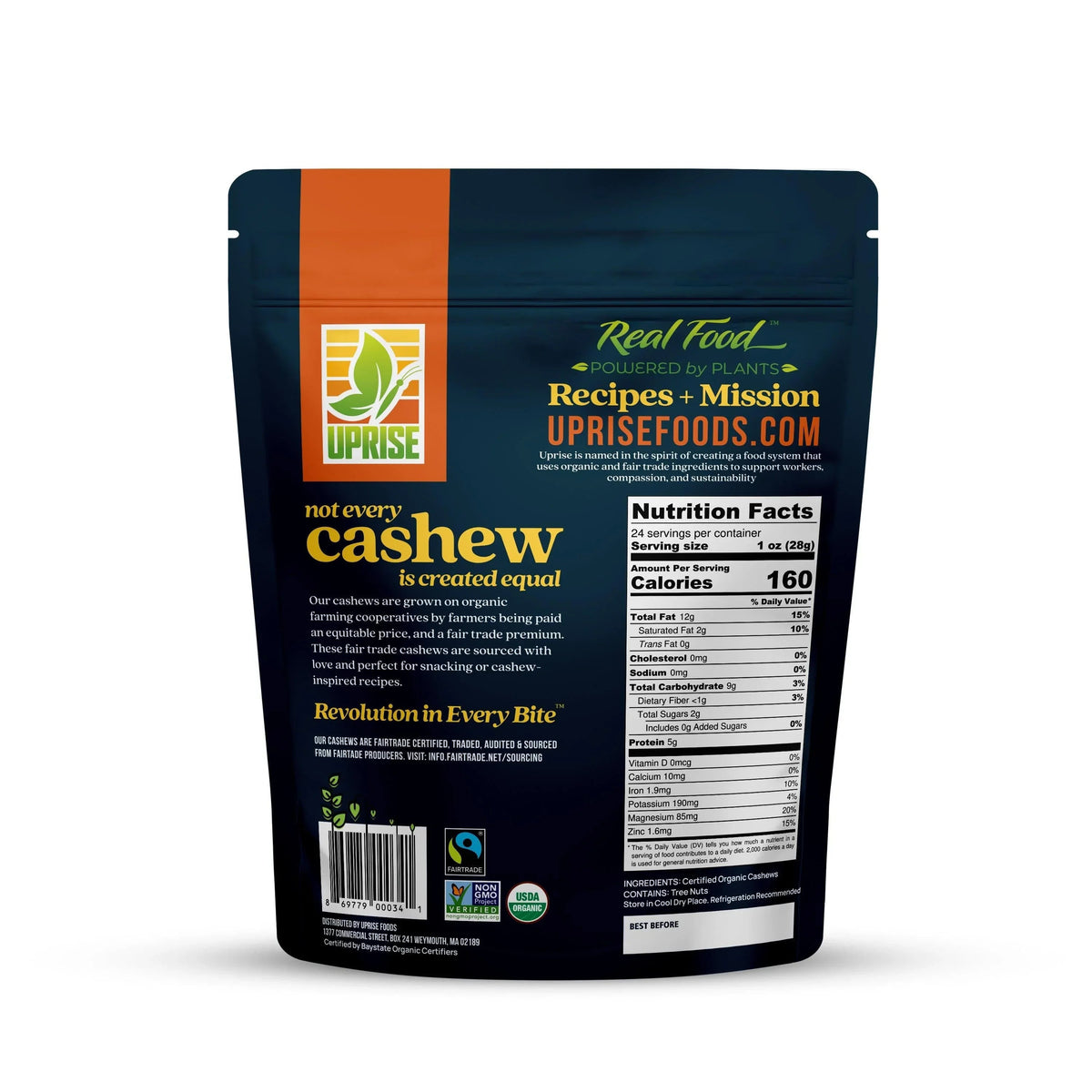 Certified Fair Trade Organic Whole Cashews 1.5 lb (Case of 16)