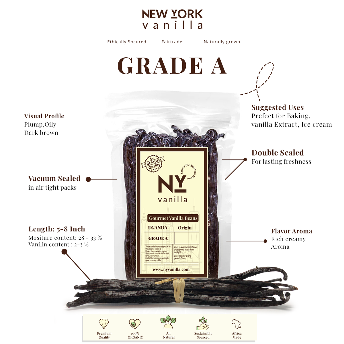 25 Premium Whole Ugandan Vanilla Beans Grade A - For making Vanilla Extract