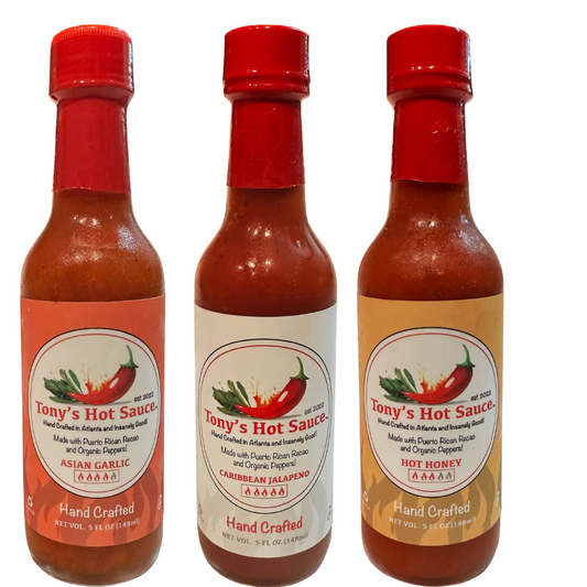 Tony's  Handcrafted Hot Sauce 5oz 3 Bottle Combo Set  "Asian Garlic, Caribbean Jalapeno & Hot Honey", Hot Sauce from Tony's Hot Sauce Company