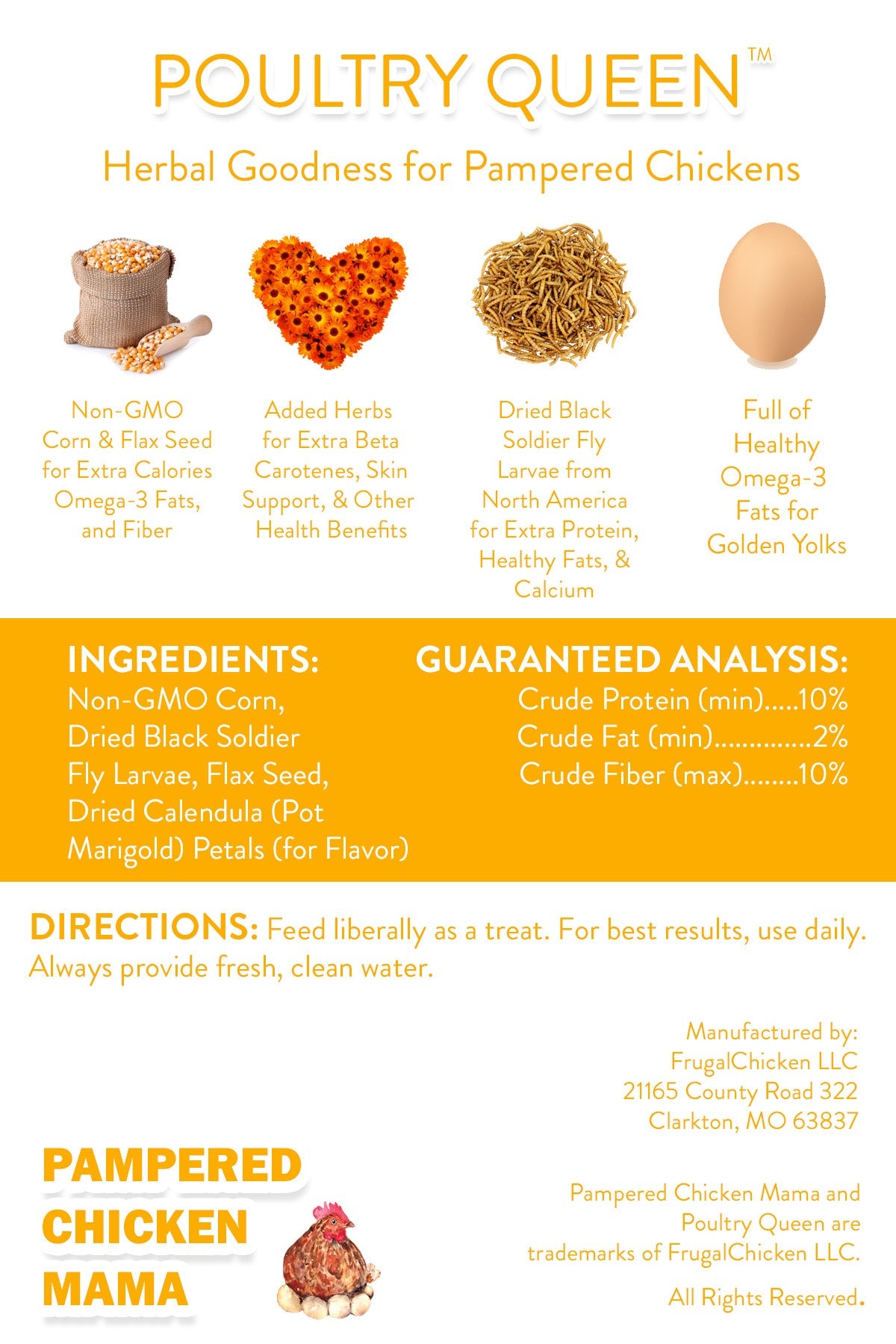 Poultry Queen Mealworm, Premium Corn, Flax Seeds, & Herb Treat For Pet Chickens from Dahlia Pets